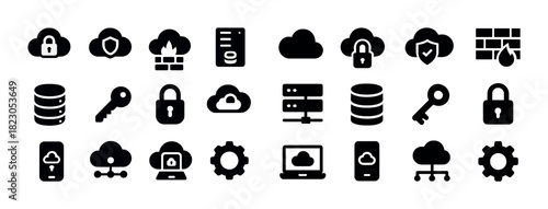 Cloud security icons: firewall, lock, data, connectivity, encryption symbols