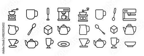 Minimalist coffee icons set featuring coffee maker mugs and utensils