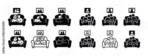 Silhouettes of couples sitting on sofas with framed photos above