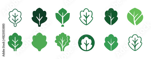 Set of twelve green leaf icons in various minimalist designs