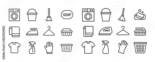 Laundry and cleaning icons set: washing machines, soap, buckets, and more