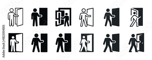 Set of human silhouette icons opening doors in various poses