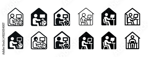 Home office icons: remote work, computer, desk, chair, multiple styles