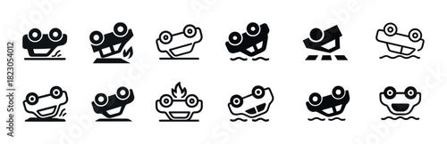 Vector icons of car accidents: overturned vehicles and fires