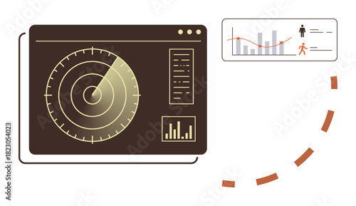 Radar interface tracking objects with circular grid and detailed charts. Data visualization panel showcases analytics, movement patterns, and monitoring tools. Ideal for surveillance, tracking