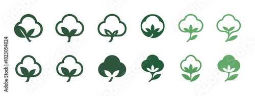 Green cotton plant icons set in various styles