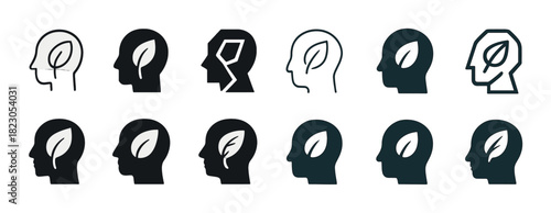 Minimalist profiles of human heads with leaf symbols in monochrome styles