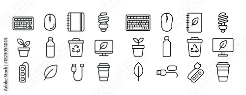 Eco-friendly office icons: sustainability, technology, recycling, plants, conservation
