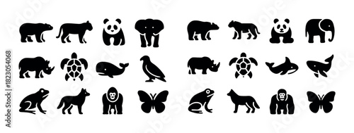 Silhouette icons of various animals: bears, pandas, elephants, and more