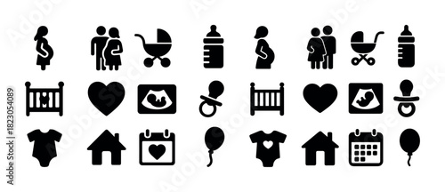 Pregnancy and parenthood icons set: figures, baby bottles, cribs, and more