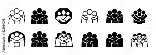 Diverse group hug icons set in black and white