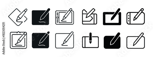 Digital drawing tablet icon set: stylus and tablet designs in black and white