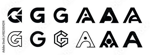 Abstract black and white letter g and a logo designs with geometric elements