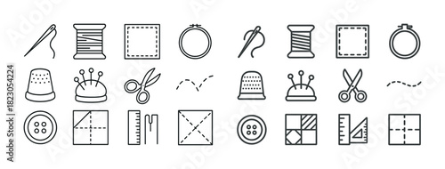 Sewing tools and accessories icons set: needle, thread, scissors, thimble, ruler