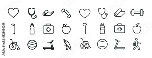 Fitness and health icons set: heart, stethoscope, dumbbell, first aid, treadmill