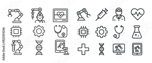 Medical and technology icons featuring robotics, dna, and healthcare symbols
