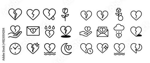 Heart and love icons collection: broken, whole, rose, envelope, rain, clock, moon