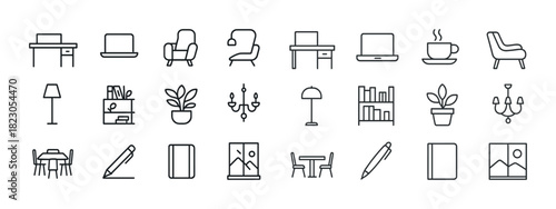 Minimalist line art icons of furniture and office items