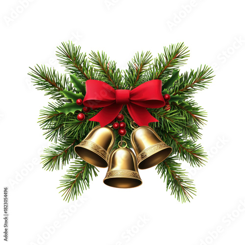 Christmas wreath with red berries and gold bells on a white background.