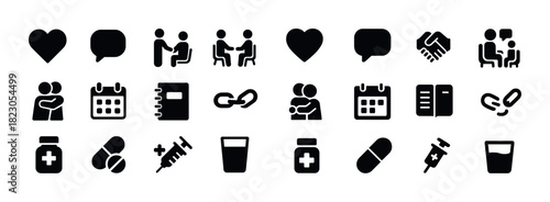 Health communication icons set: heart, dialogue, meetings, medicine, calendar, syringe, link