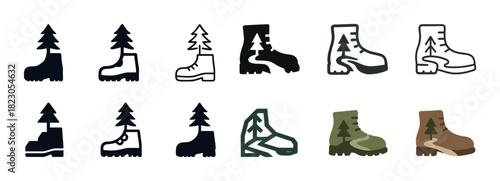 Diverse tree and boot icon set representing nature and outdoor adventure