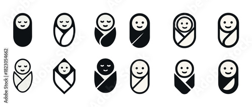 Cute swaddled baby icon set in black and white