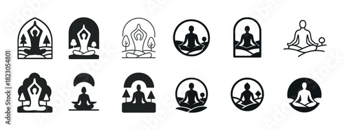 Meditation icon set: silhouettes of yoga and mindfulness poses