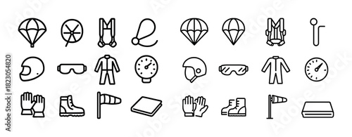 Skydiving and paragliding gear icons: helmets, parachutes, jumpsuits, goggles, windsocks