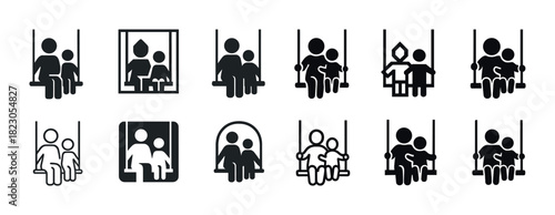 Parent child swing icons set - various designs in black silhouette