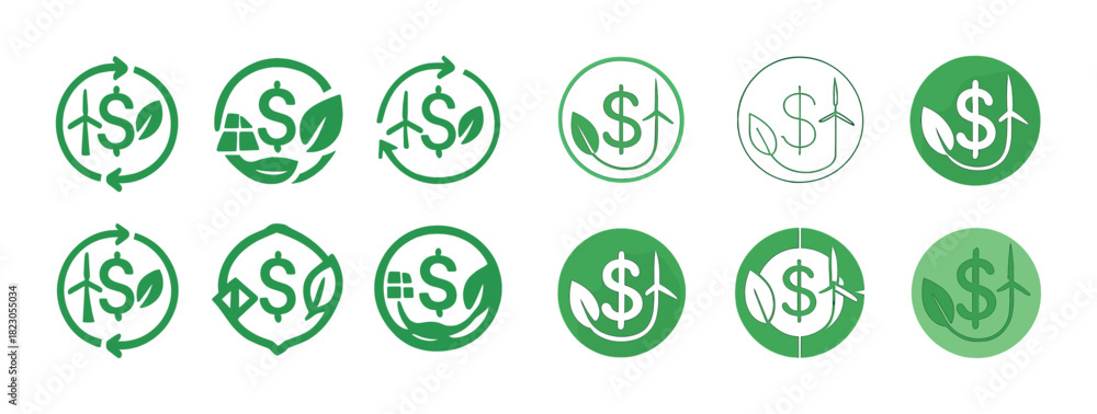 Fototapeta premium Green energy finance symbols: dollar, leaves, renewable elements