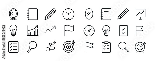Minimalist icon set: office supplies and business tools in black and white