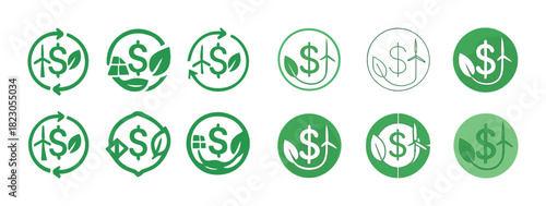 Green energy finance symbols: dollar, leaves, renewable elements