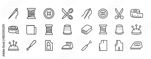 Sewing tools icons: needles, scissors, thread, thimbles, and more