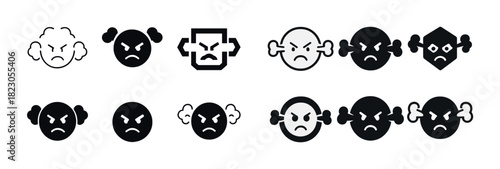 Diverse angry face icons set with various expressions and shapes