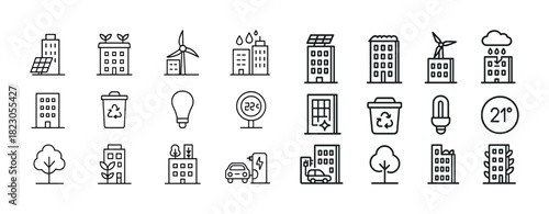 Eco-friendly urban icons collection: solar, wind, recycling, green buildings, sustainability