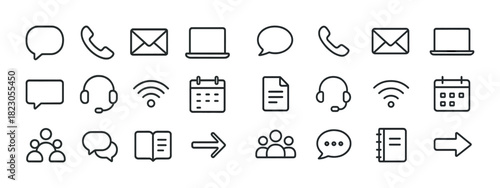 Communication icons: speech bubbles, phones, emails, laptops, calendars, headsets