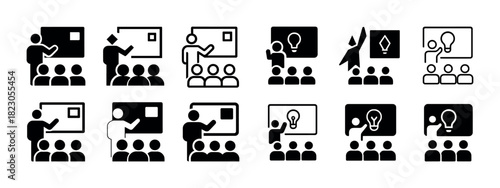 Education icons: teachers presenting to students in classroom settings