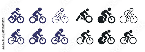 Set of bicycle icons featuring various cyclist silhouettes in different riding positions