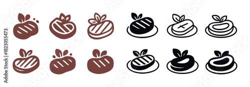 Variety of stylized meat and steak icons with leaf accents