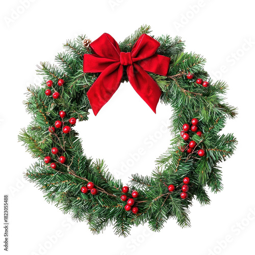 A festive Christmas wreath with a red velvet bow and holly berries on a white background.
