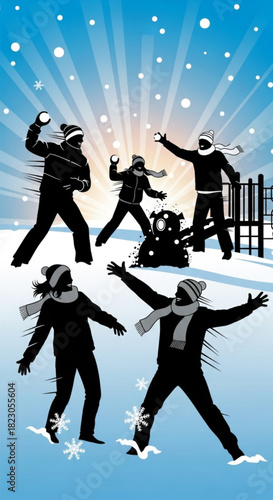 Silhouettes of a group of friends having a fun snowball fight in winter.