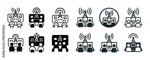 Radio broadcasting icons set: antennas, signals, communication, technology