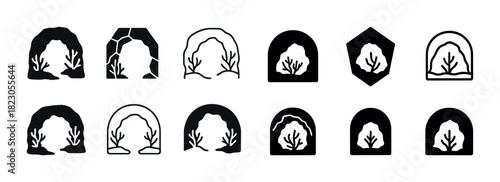Collection of black and white cave arch icons with branch designs