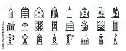 Icon set of buildings and towers in minimal outline style