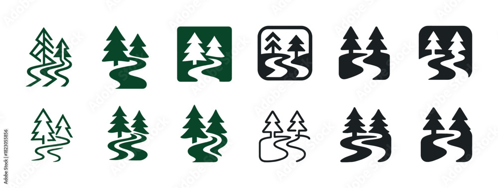 Fototapeta premium Forest path icons: nature trail symbols with evergreen trees