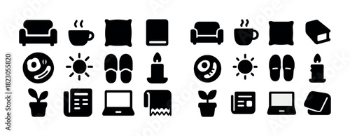 Minimalist home icons: sofa, coffee, pillow, book, breakfast, sun, slippers, candle, plant, laptop