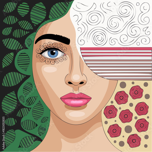 botanical mosaic visage with braided leaf swirl and rose-spiral ornamental pattern collage