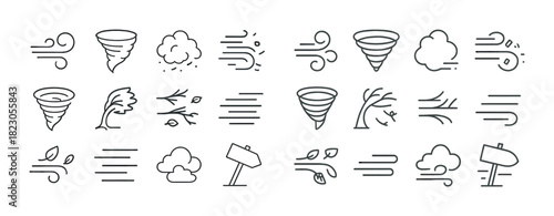 Wind and weather icons: tornado, cloud, breeze, leaf, storm symbols set