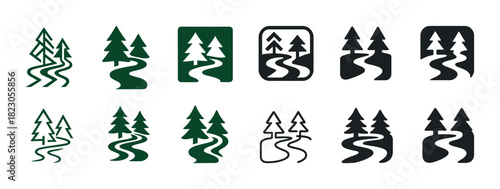 Forest path icons: nature trail symbols with evergreen trees