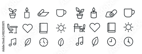Minimalist line icons set featuring plants, candles, books, sun, music, and clocks